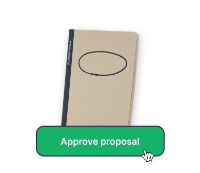 A virtual 'Approve proposal' button superimposed on top of a mock-up of a notepad with hand-drawn branding