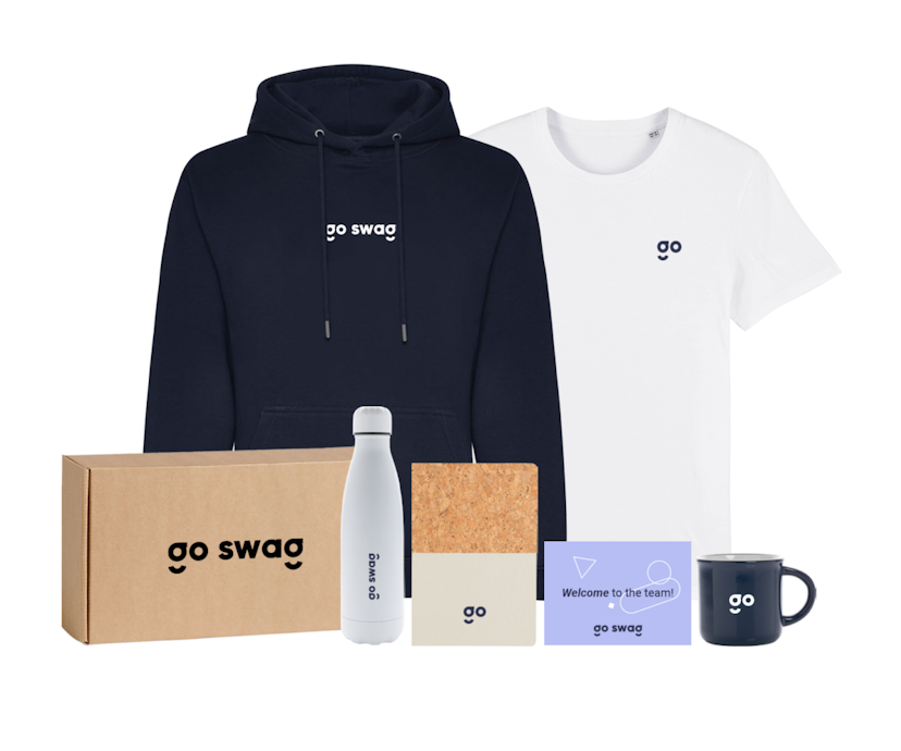 Image depicting the Seed welcome pack, comprising organic hoodie, Cork & Kraft notebook, organic cotton t-shirt, classic 280ml mug, custom printed Kraft box, and custom message card printed on recycled paper