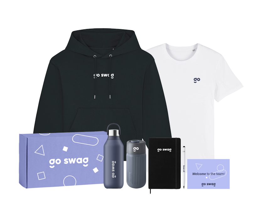 Image representing the Series B preset pack, comprising a Stanley/Stella Eco T-shirt, Stanley/Stella Premium Hoodie, Chilly's Series 2 500ml water bottle, Black & Blum coffee tumbler, Moleskine notebook, premium gun metal pen, custom full-colour biodegradable box, and custom message card printed on recycled paper